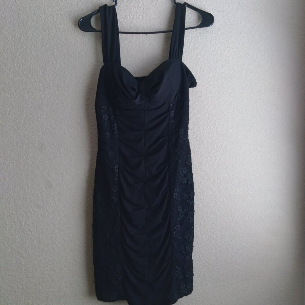 Vintage Y2K Love Tease Black Ruched Floral Lace Bodycon Mini Dress Size 9